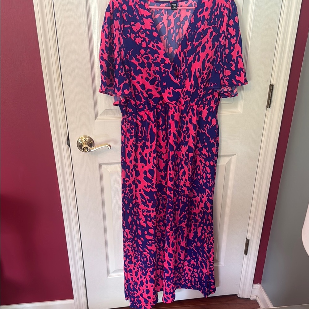 Vibrant Pink and Blue Women's Dress with Belt